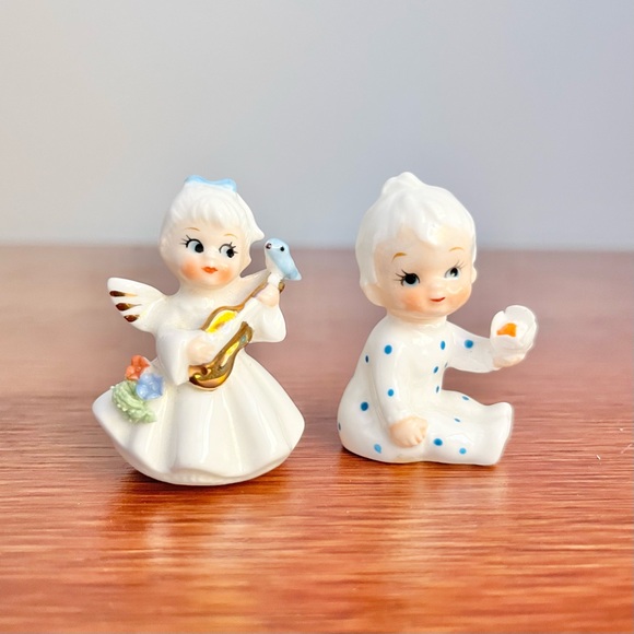 Vintage Napcoware Bone China Little Baby Boy and Girl with Instrument White Blue - Picture 3 of 6